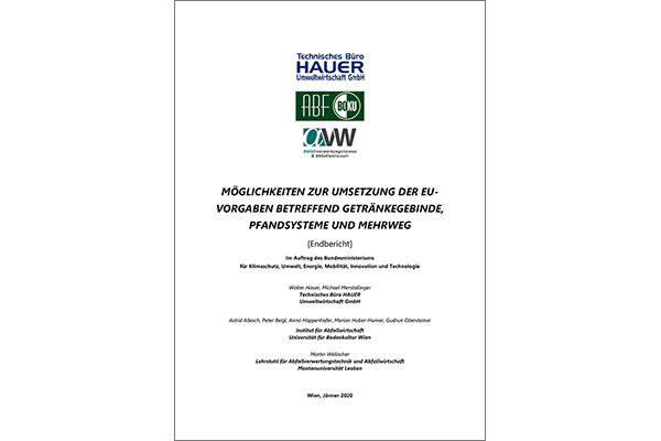 Titelblatt der Studie "Möglichkeiten zur Umsetzung der EU-Vorgaben betreffend Getränkegebinde, Pfandsysteme und Mehrweg"