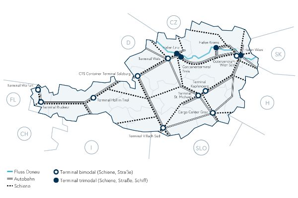 Karte Österreichs mit Terminals, Autobahnen und Schienennetz