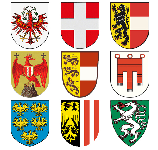 Die Wappen der neun österreichischen Bundesländer