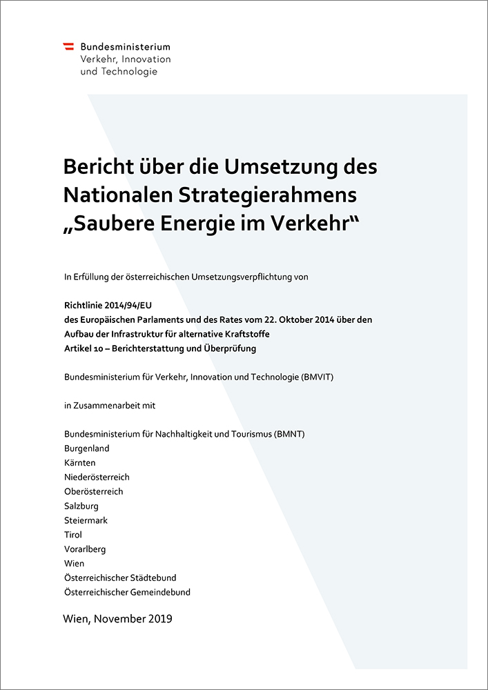 Titelblatt Bericht über die Umsetzung des Nationalen Strategierahmens „Saubere Energie im Verkehr“